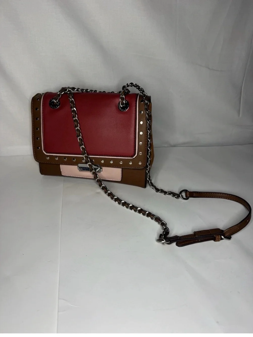 BCBG Colorblock Studded Shoulder Bag in Red, Brown & Pink